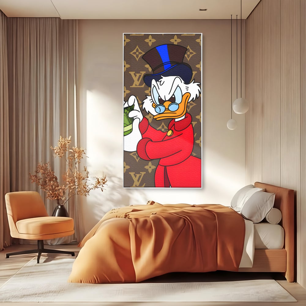 Tablou Canvas Premium, LuxCanva® C1113, Old Donald Counting Money, Culori, Donald, Cartoon, Money, Living Room, Office, Relaxare, Culori Vibrante