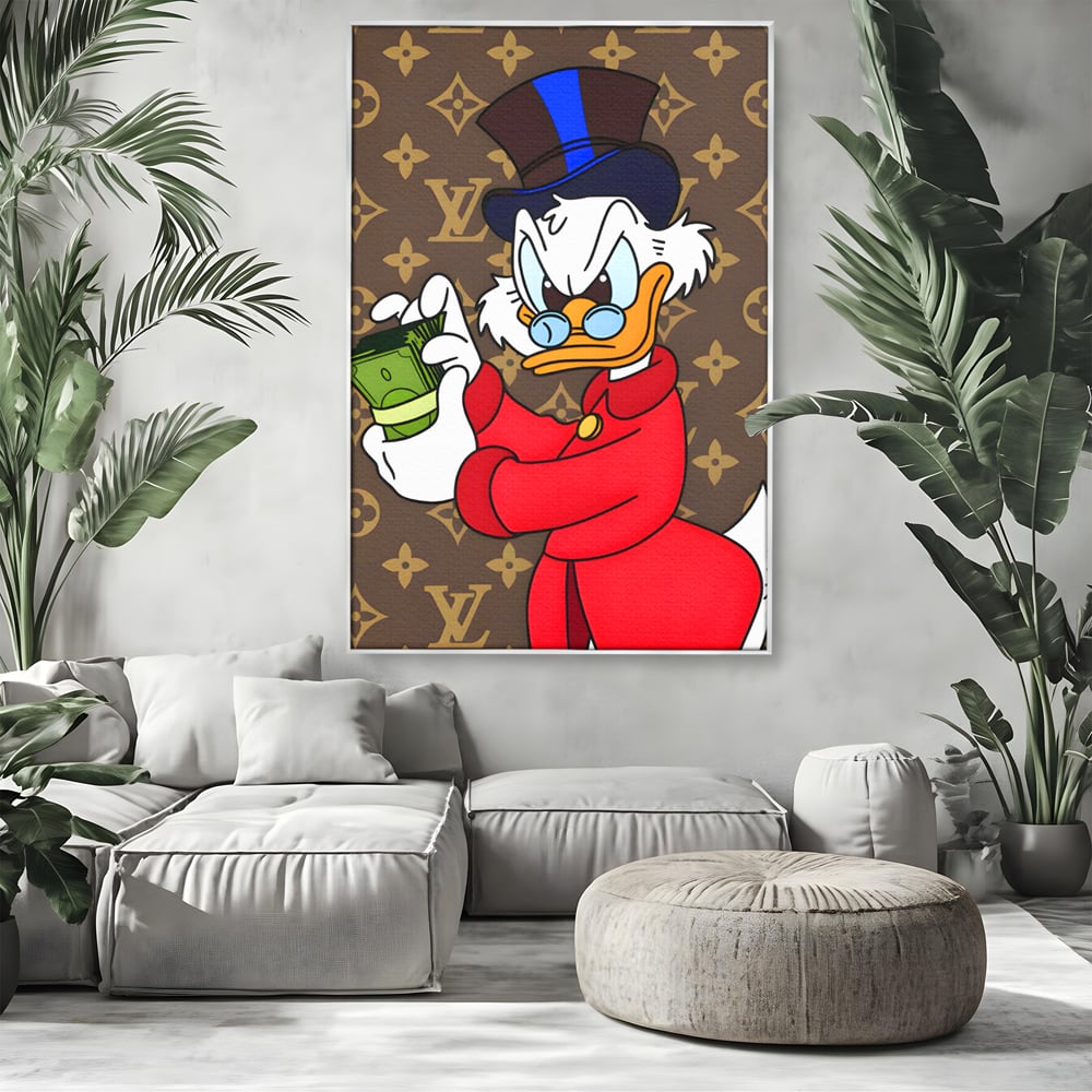 Tablou Canvas Premium, LuxCanva® C1113, Old Donald Counting Money, Culori, Donald, Cartoon, Money, Living Room, Office, Relaxare, Culori Vibrante