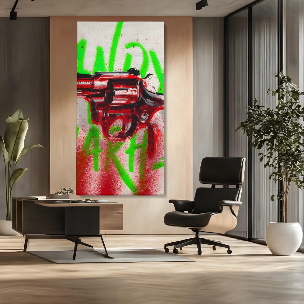 Tablou Canvas Premium LuxCanva® C1115, Bloody Gun By Andy Warhol , Culori, Pistol, Andy Warhol, Bar, Game Room, Relaxare, Culori Vibrante