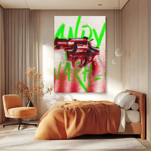 Tablou Canvas Premium LuxCanva® C1115, Bloody Gun By Andy Warhol , Culori, Pistol, Andy Warhol, Bar, Game Room, Relaxare, Culori Vibrante