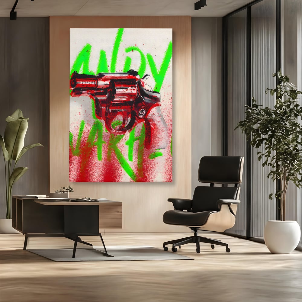 Tablou Canvas Premium LuxCanva® C1115, Bloody Gun By Andy Warhol , Culori, Pistol, Andy Warhol, Bar, Game Room, Relaxare, Culori Vibrante