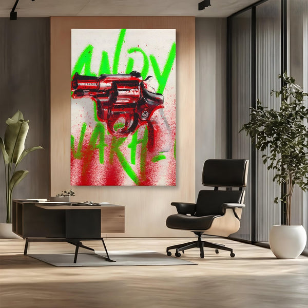 Tablou Canvas Premium LuxCanva® C1115, Bloody Gun By Andy Warhol , Culori, Pistol, Andy Warhol, Bar, Game Room, Relaxare, Culori Vibrante