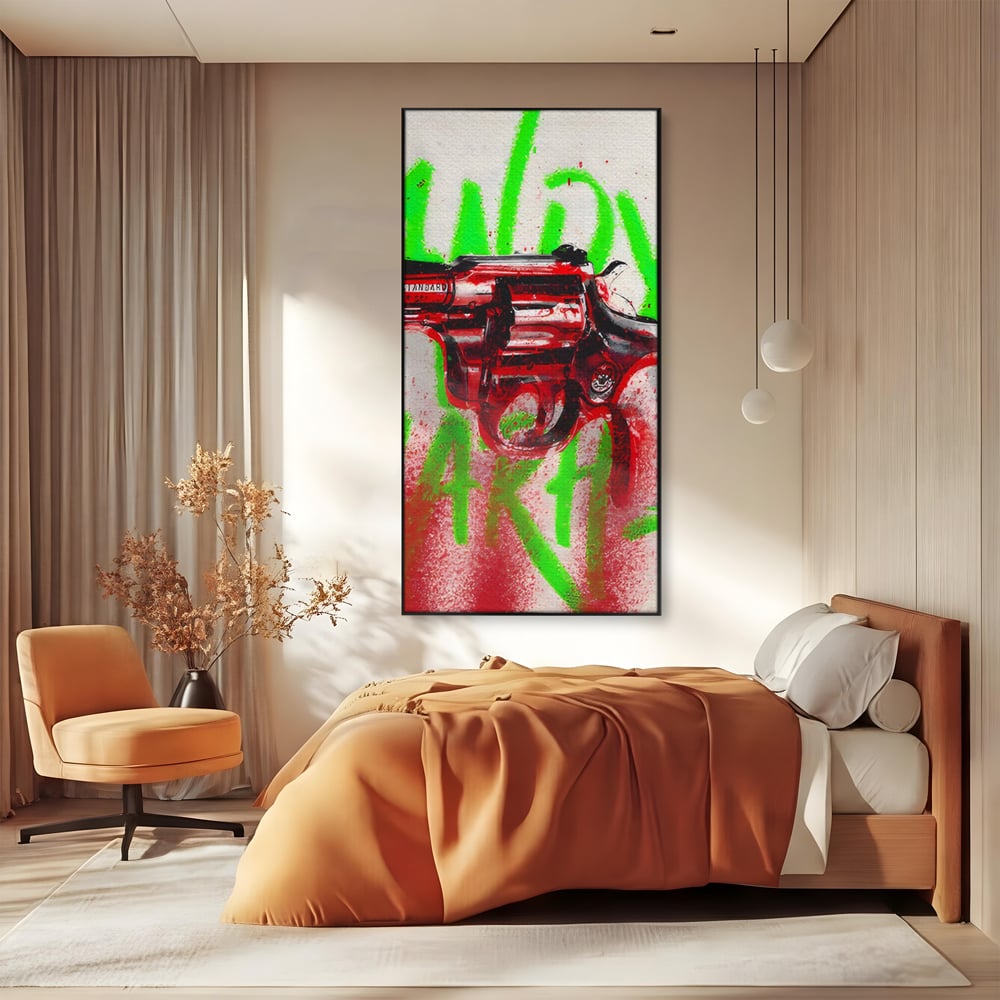 Tablou Canvas Premium LuxCanva® C1115, Bloody Gun By Andy Warhol , Culori, Pistol, Andy Warhol, Bar, Game Room, Relaxare, Culori Vibrante
