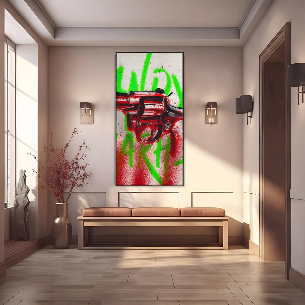 Tablou Canvas Premium LuxCanva® C1115, Bloody Gun By Andy Warhol , Culori, Pistol, Andy Warhol, Bar, Game Room, Relaxare, Culori Vibrante