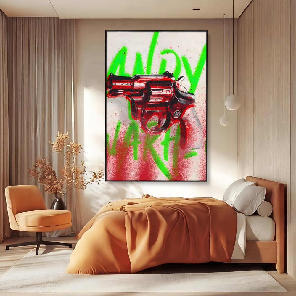 Tablou Canvas Premium LuxCanva® C1115, Bloody Gun By Andy Warhol , Culori, Pistol, Andy Warhol, Bar, Game Room, Relaxare, Culori Vibrante
