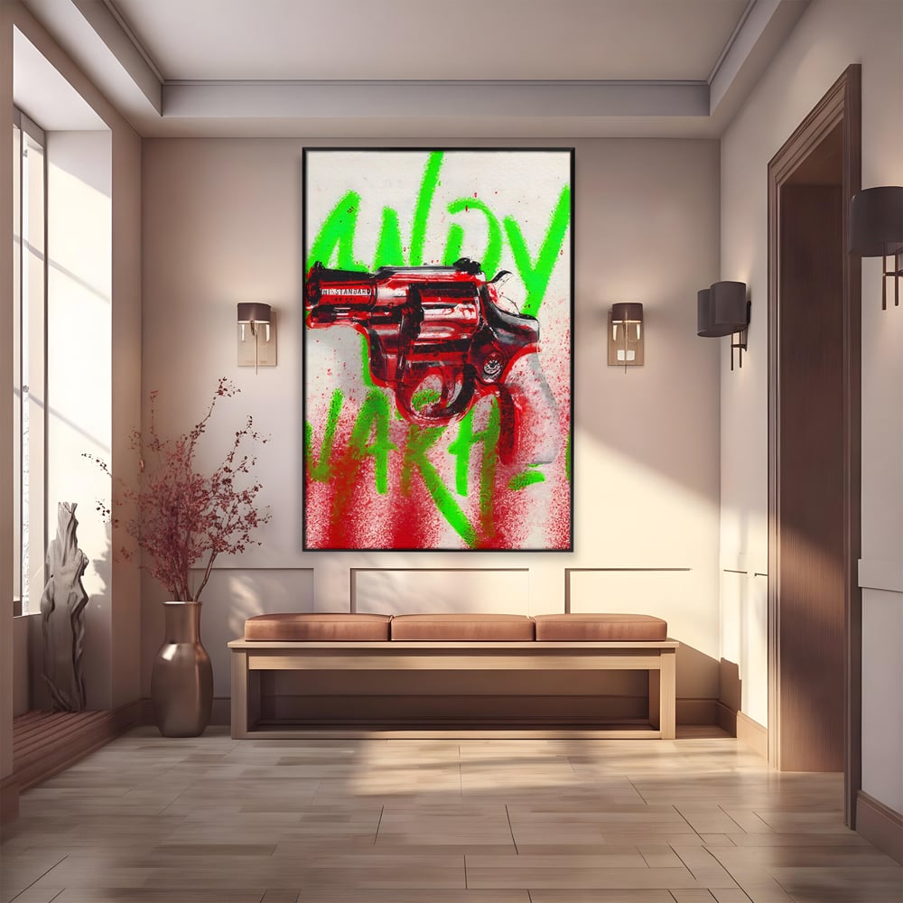 Tablou Canvas Premium LuxCanva® C1115, Bloody Gun By Andy Warhol , Culori, Pistol, Andy Warhol, Bar, Game Room, Relaxare, Culori Vibrante