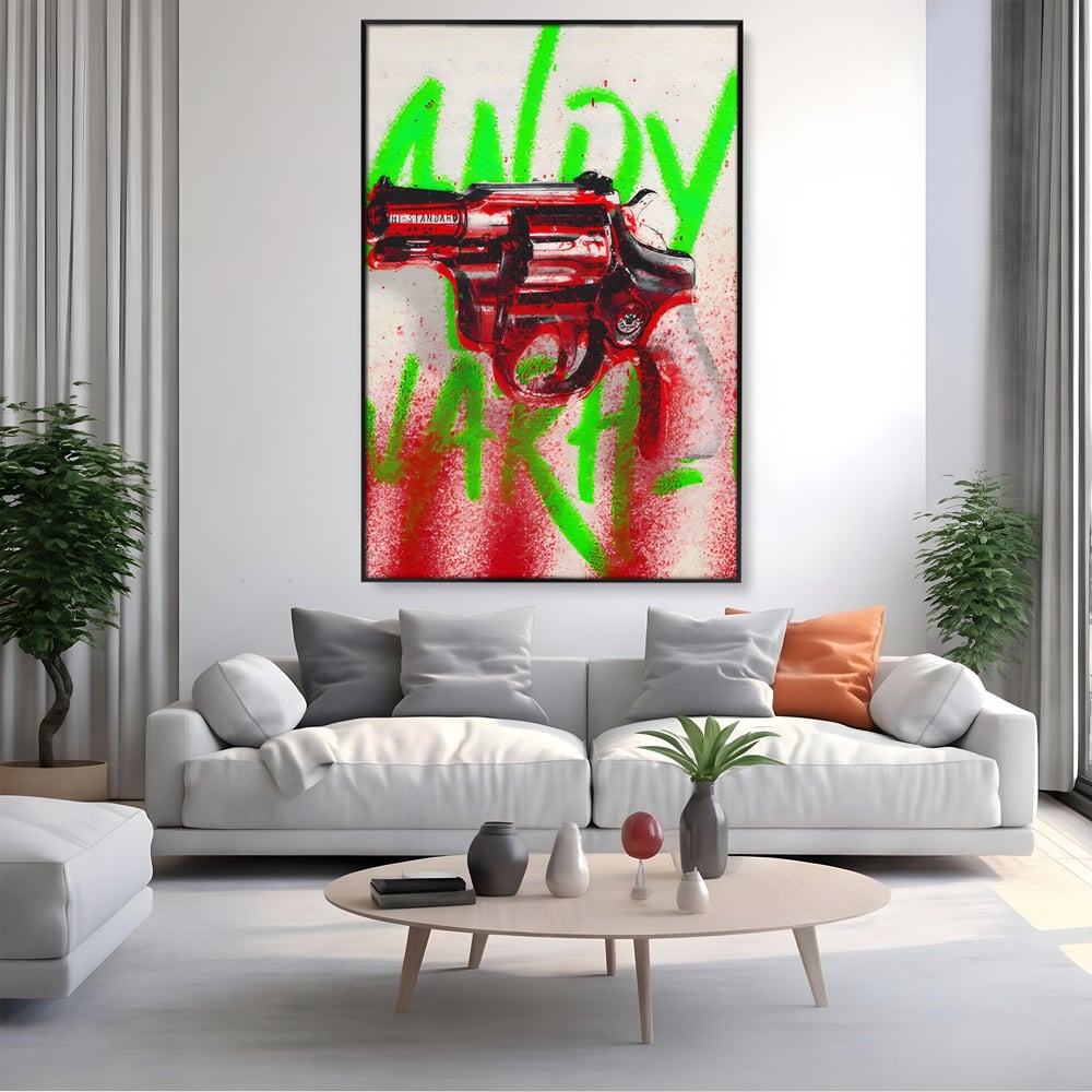 Tablou Canvas Premium LuxCanva® C1115, Bloody Gun By Andy Warhol , Culori, Pistol, Andy Warhol, Bar, Game Room, Relaxare, Culori Vibrante