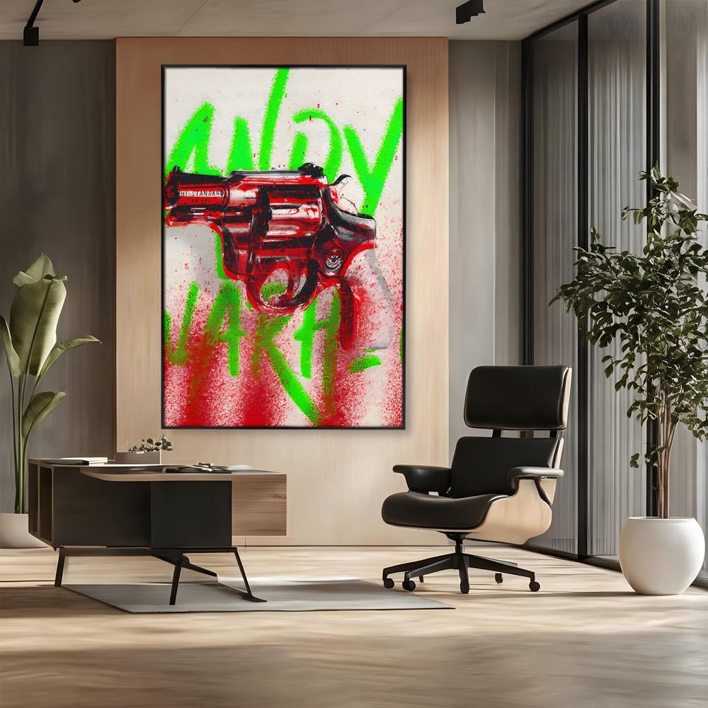 Tablou Canvas Premium LuxCanva® C1115, Bloody Gun By Andy Warhol , Culori, Pistol, Andy Warhol, Bar, Game Room, Relaxare, Culori Vibrante