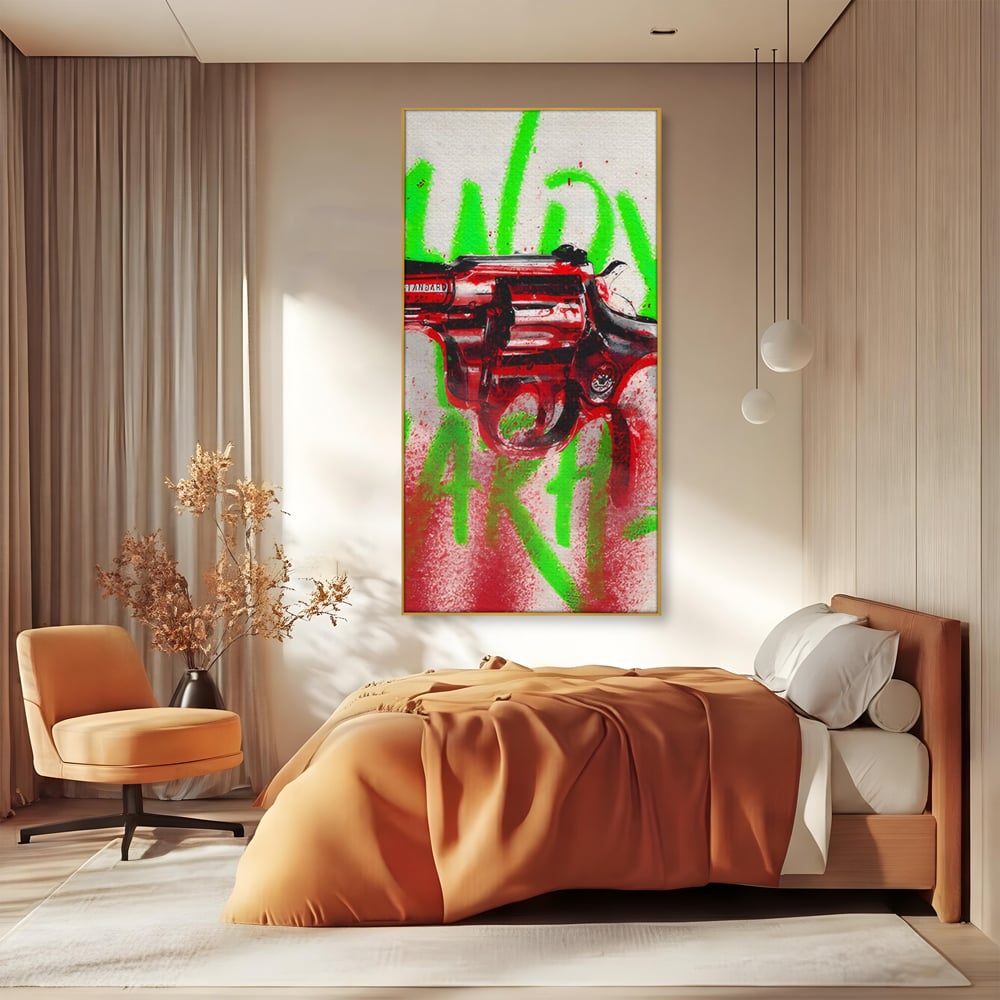 Tablou Canvas Premium LuxCanva® C1115, Bloody Gun By Andy Warhol , Culori, Pistol, Andy Warhol, Bar, Game Room, Relaxare, Culori Vibrante