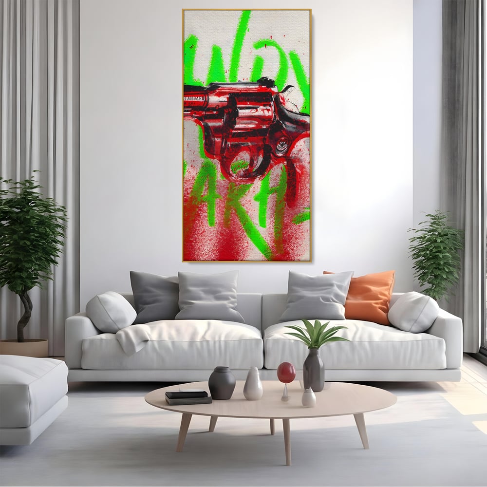 Tablou Canvas Premium LuxCanva® C1115, Bloody Gun By Andy Warhol , Culori, Pistol, Andy Warhol, Bar, Game Room, Relaxare, Culori Vibrante