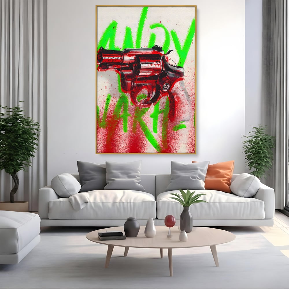 Tablou Canvas Premium LuxCanva® C1115, Bloody Gun By Andy Warhol , Culori, Pistol, Andy Warhol, Bar, Game Room, Relaxare, Culori Vibrante