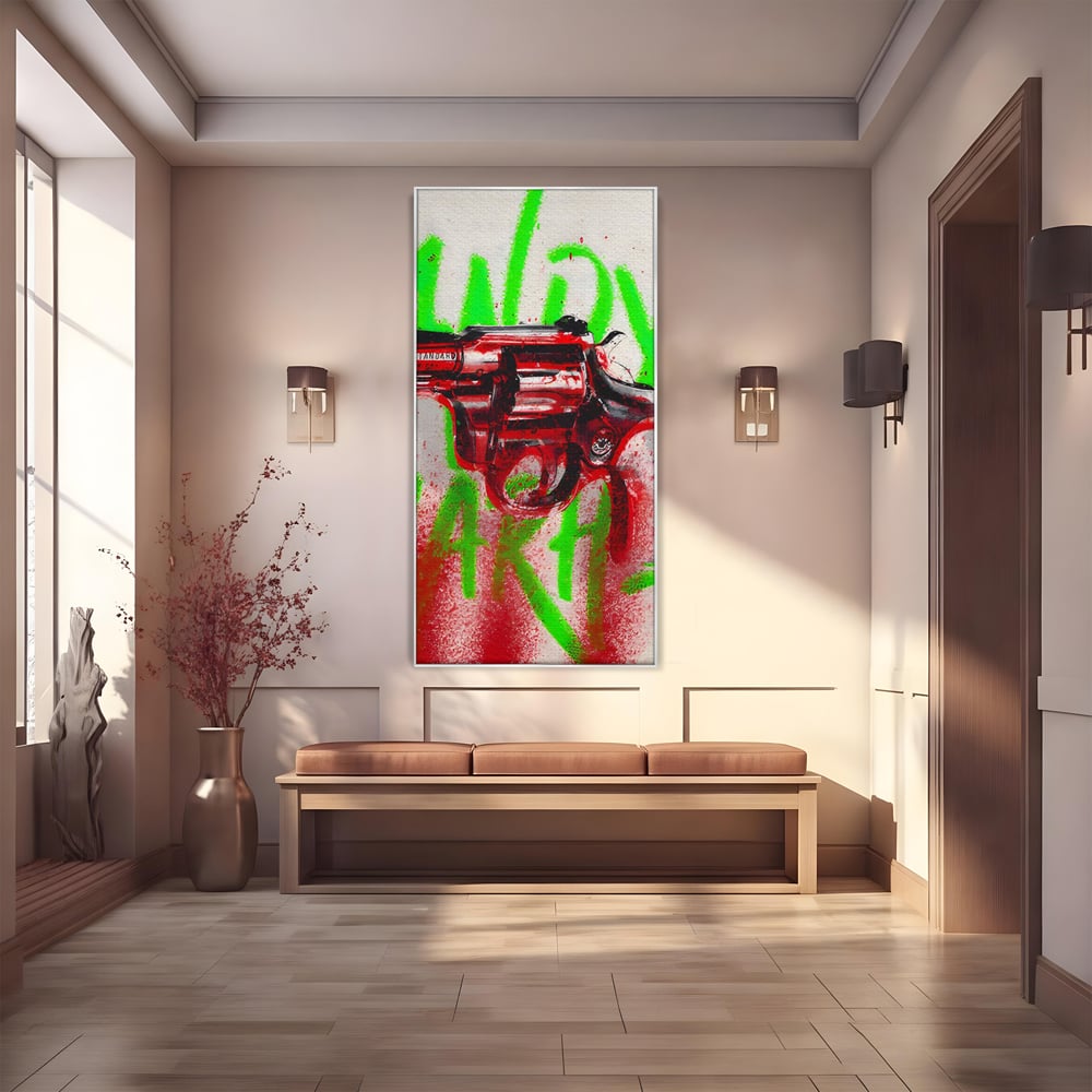 Tablou Canvas Premium LuxCanva® C1115, Bloody Gun By Andy Warhol , Culori, Pistol, Andy Warhol, Bar, Game Room, Relaxare, Culori Vibrante