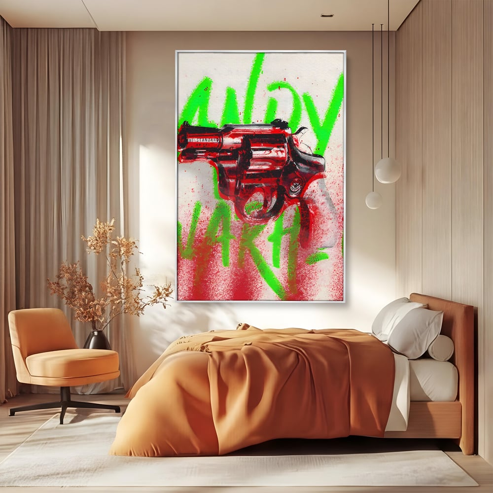 Tablou Canvas Premium LuxCanva® C1115, Bloody Gun By Andy Warhol , Culori, Pistol, Andy Warhol, Bar, Game Room, Relaxare, Culori Vibrante