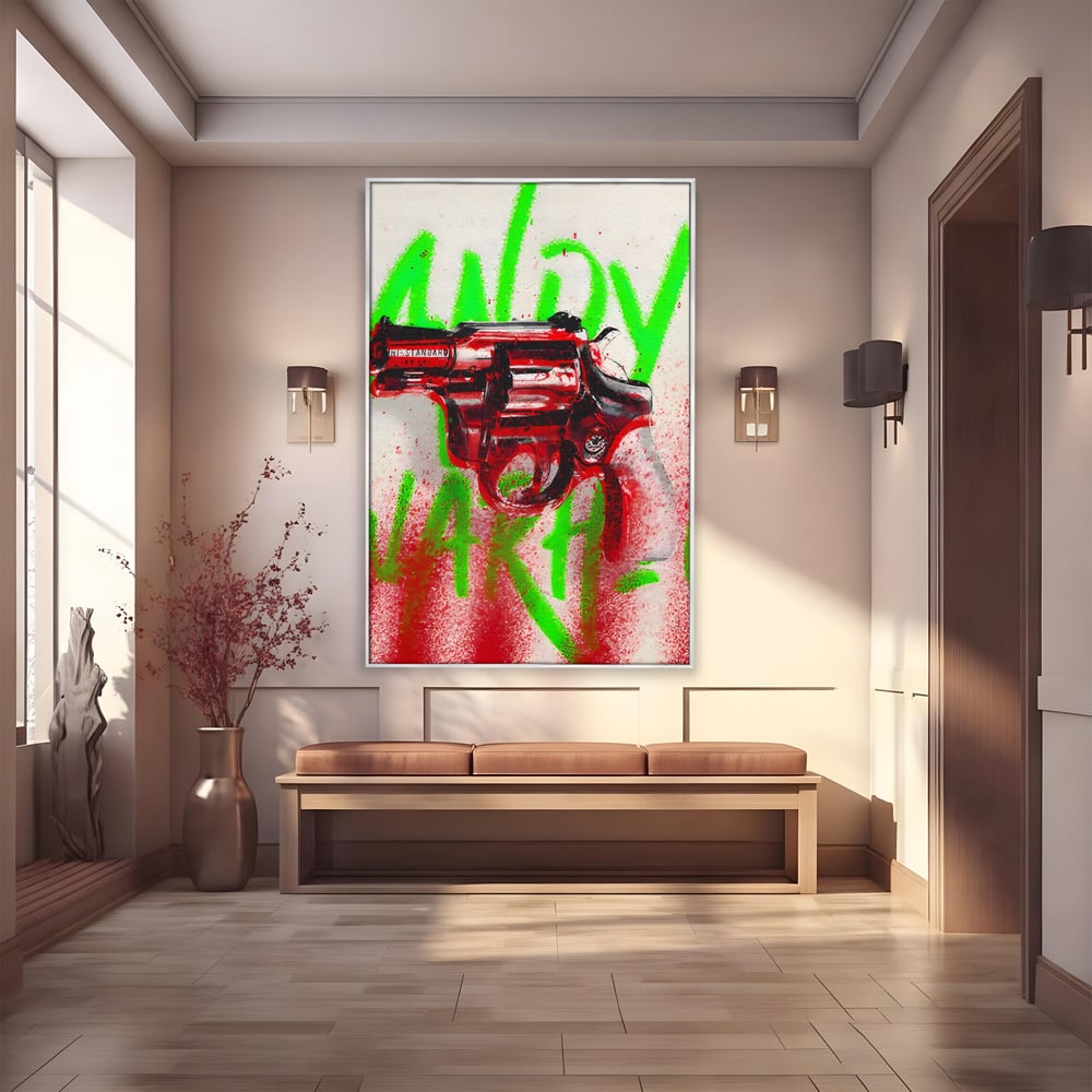 Tablou Canvas Premium LuxCanva® C1115, Bloody Gun By Andy Warhol , Culori, Pistol, Andy Warhol, Bar, Game Room, Relaxare, Culori Vibrante