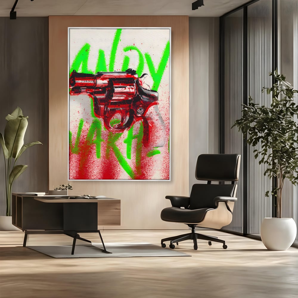Tablou Canvas Premium LuxCanva® C1115, Bloody Gun By Andy Warhol , Culori, Pistol, Andy Warhol, Bar, Game Room, Relaxare, Culori Vibrante