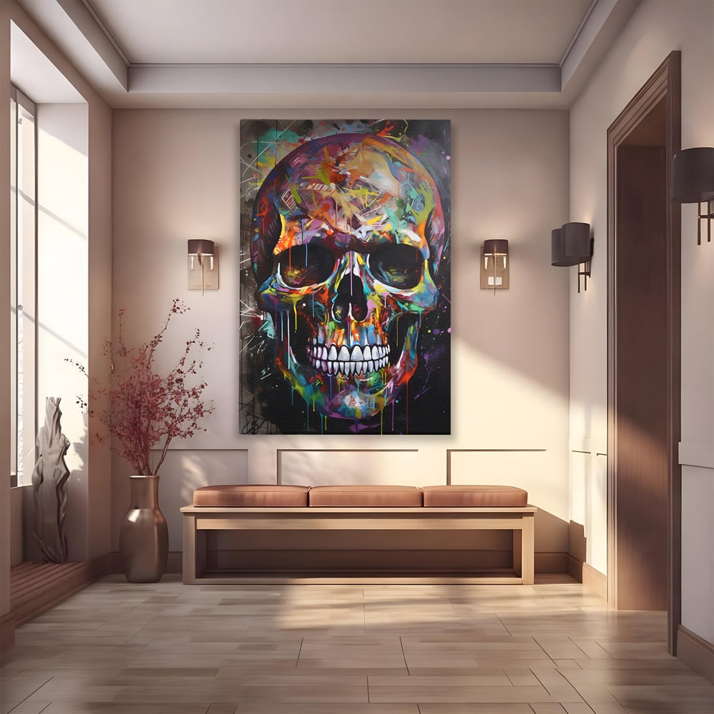 Leinwand Wandkunst Leinwand Premium LuxCanva® C1116, Schädel voller Farben , Farben, Schädel, lustig, Spielzimmer, Bar, entspannend, lebendige Farben