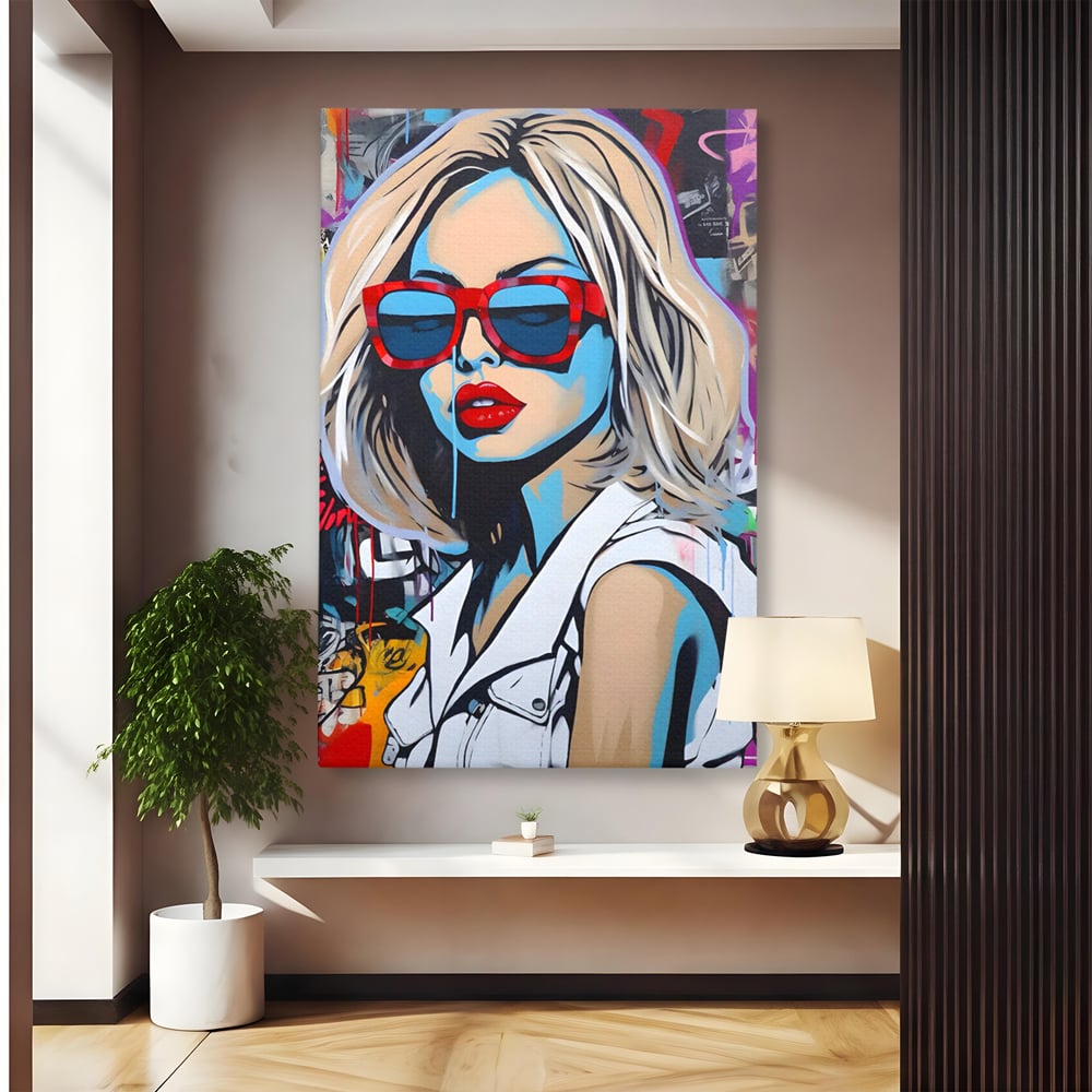 Tablou Canvas Premium LuxCanva® C1131, Girl With Sunglasses , Culori, Pop Art Painting, Fashion, Living Room, Bar, Relaxare, Culori Vibrante