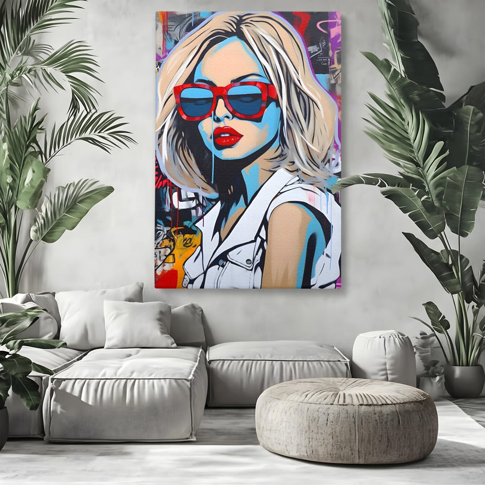 Tablou Canvas Premium LuxCanva® C1131, Girl With Sunglasses , Culori, Pop Art Painting, Fashion, Living Room, Bar, Relaxare, Culori Vibrante