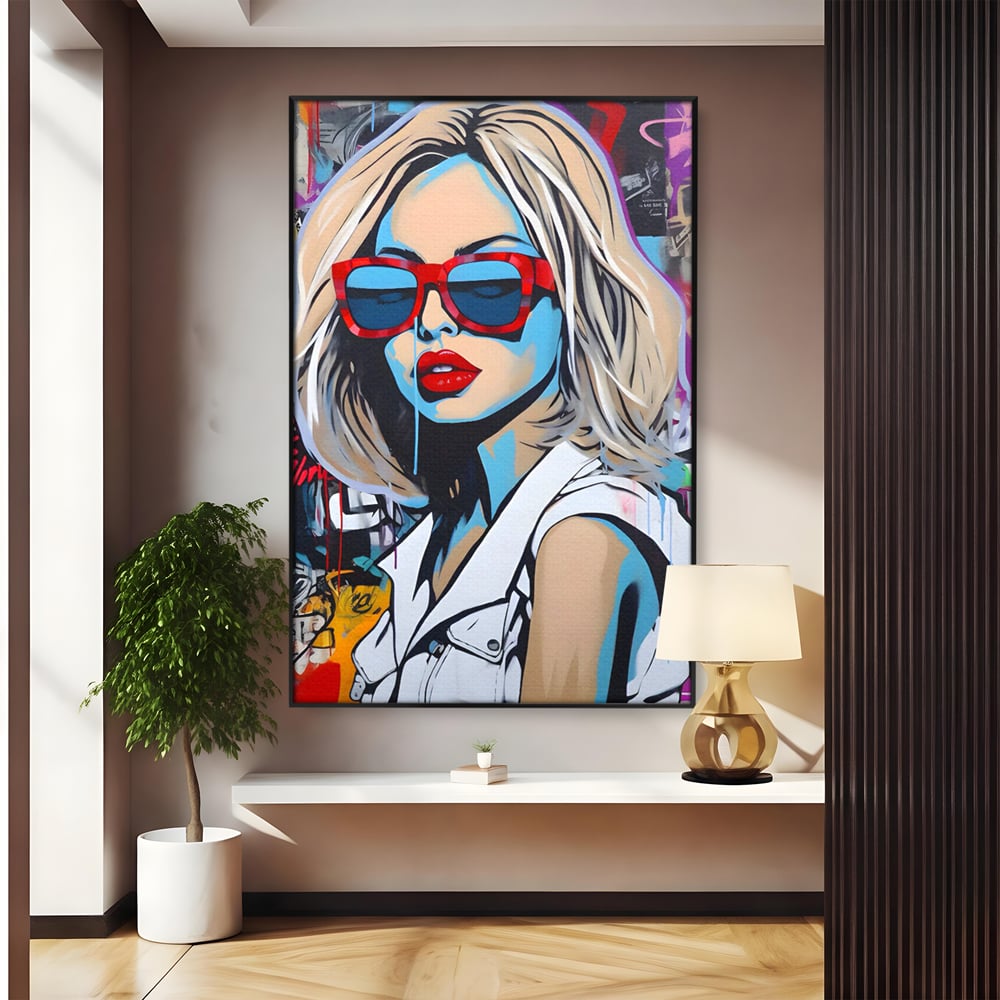 Tablou Canvas Premium LuxCanva® C1131, Girl With Sunglasses , Culori, Pop Art Painting, Fashion, Living Room, Bar, Relaxare, Culori Vibrante