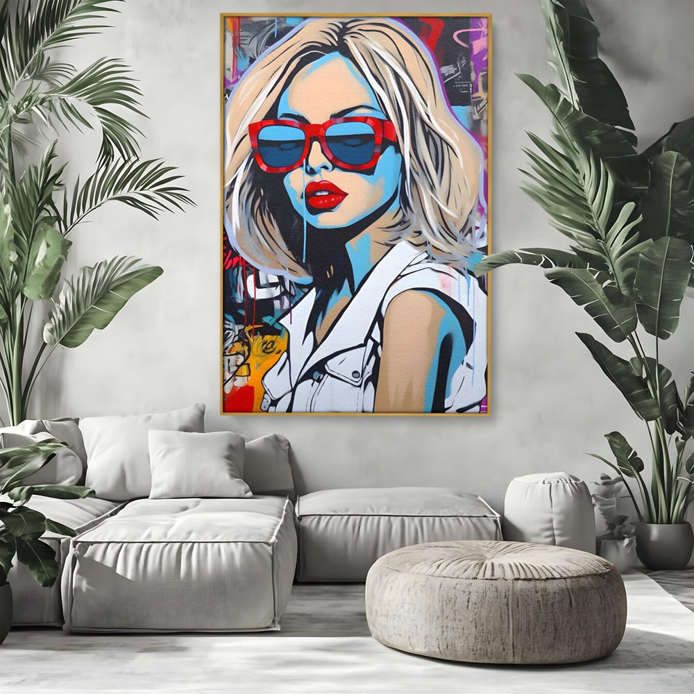 Tablou Canvas Premium LuxCanva® C1131, Girl With Sunglasses , Culori, Pop Art Painting, Fashion, Living Room, Bar, Relaxare, Culori Vibrante