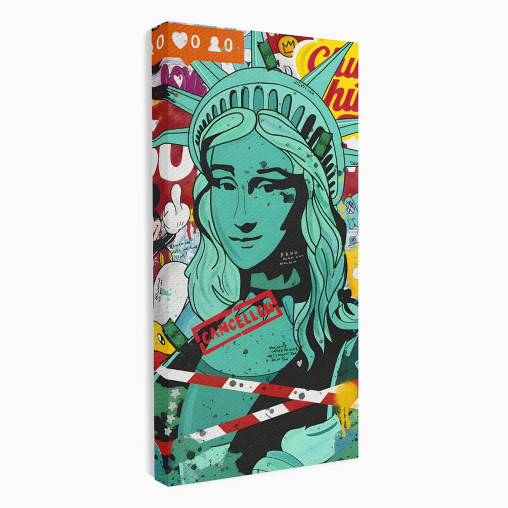 Leinwand Wandkunst Leinwand Premium LuxCanva® C1137, Freiheitsstatue, Farben, Cartoons, Freiheit, Geld, Wohnzimmer, Bar, entspannend, lebendige Farben
