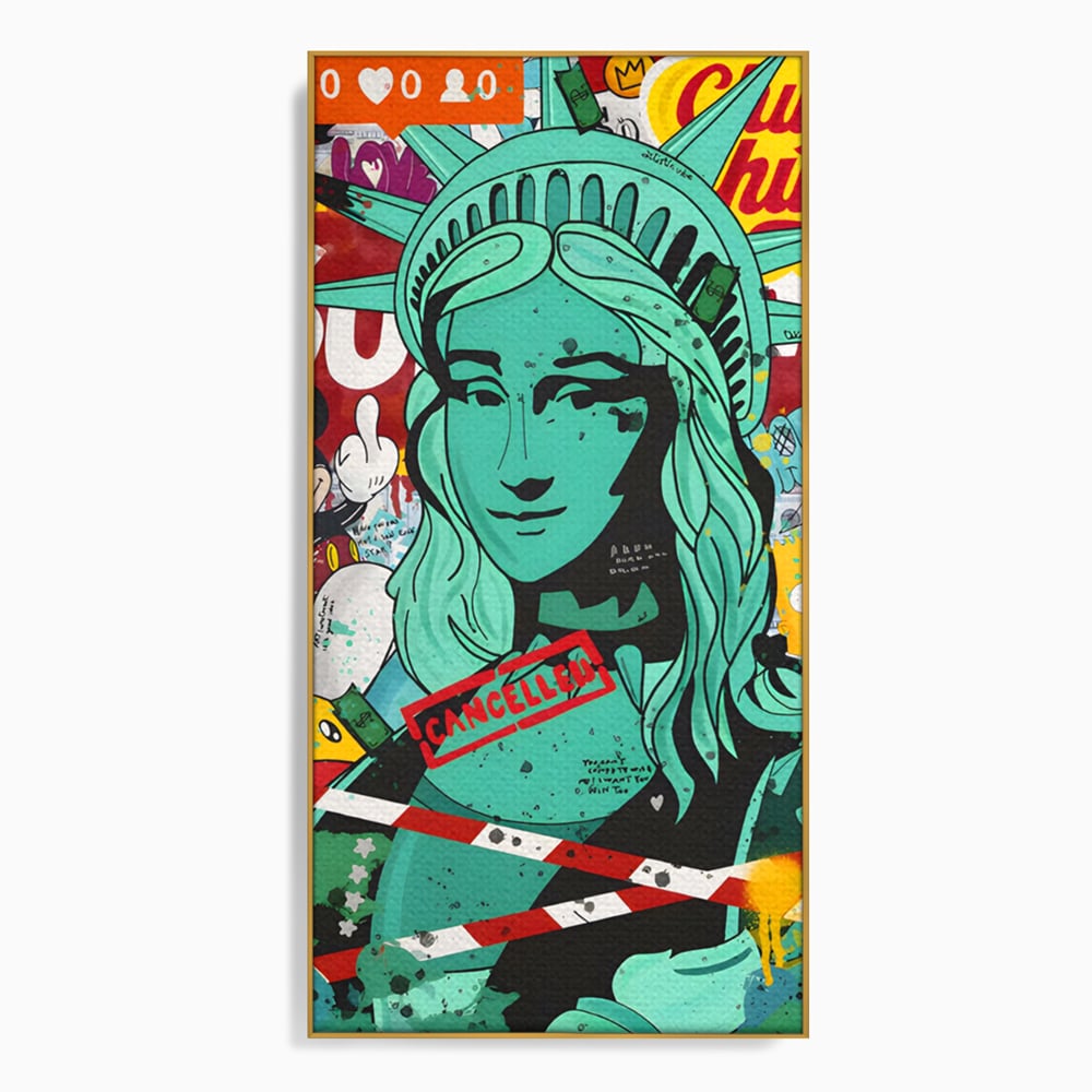Leinwand Wandkunst Leinwand Premium LuxCanva® C1137, Freiheitsstatue, Farben, Cartoons, Freiheit, Geld, Wohnzimmer, Bar, entspannend, lebendige Farben