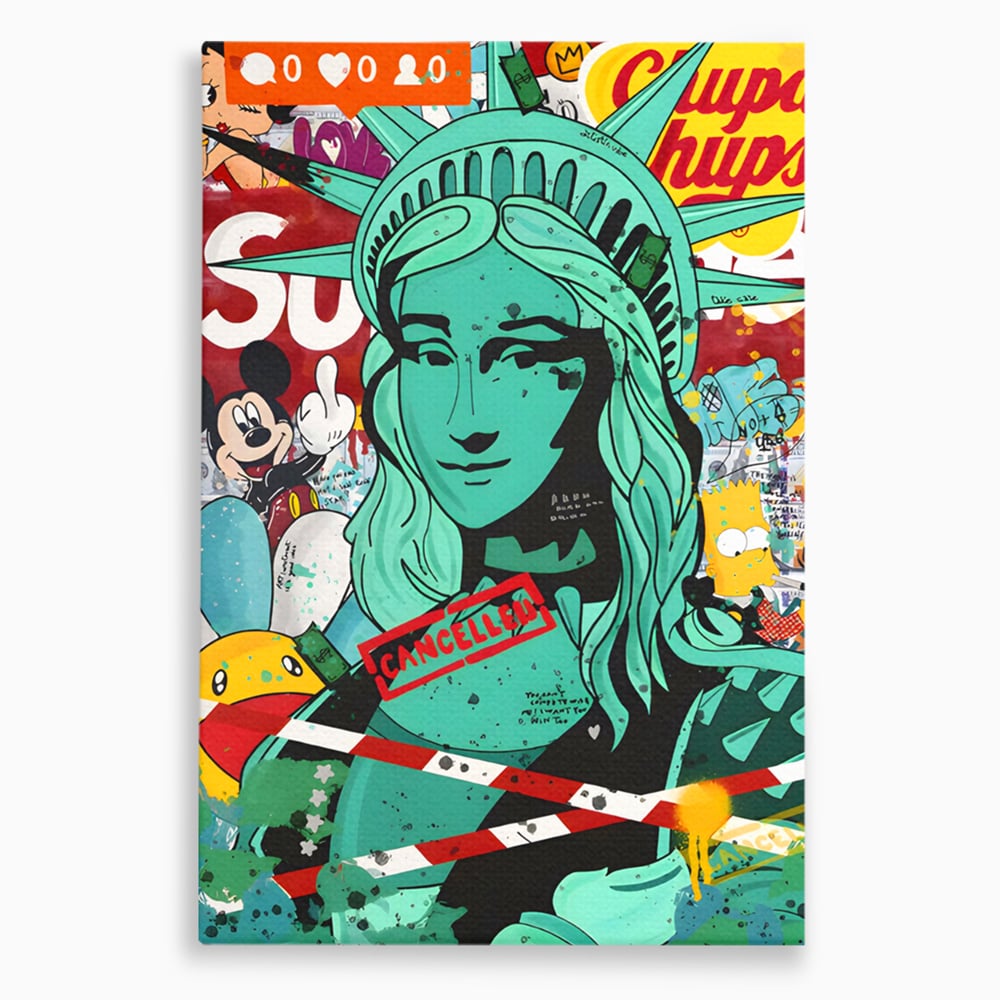 Leinwand Wandkunst Leinwand Premium LuxCanva® C1137, Freiheitsstatue, Farben, Cartoons, Freiheit, Geld, Wohnzimmer, Bar, entspannend, lebendige Farben
