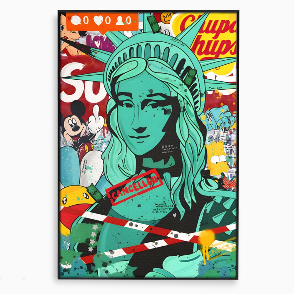 Leinwand Wandkunst Leinwand Premium LuxCanva® C1137, Freiheitsstatue, Farben, Cartoons, Freiheit, Geld, Wohnzimmer, Bar, entspannend, lebendige Farben