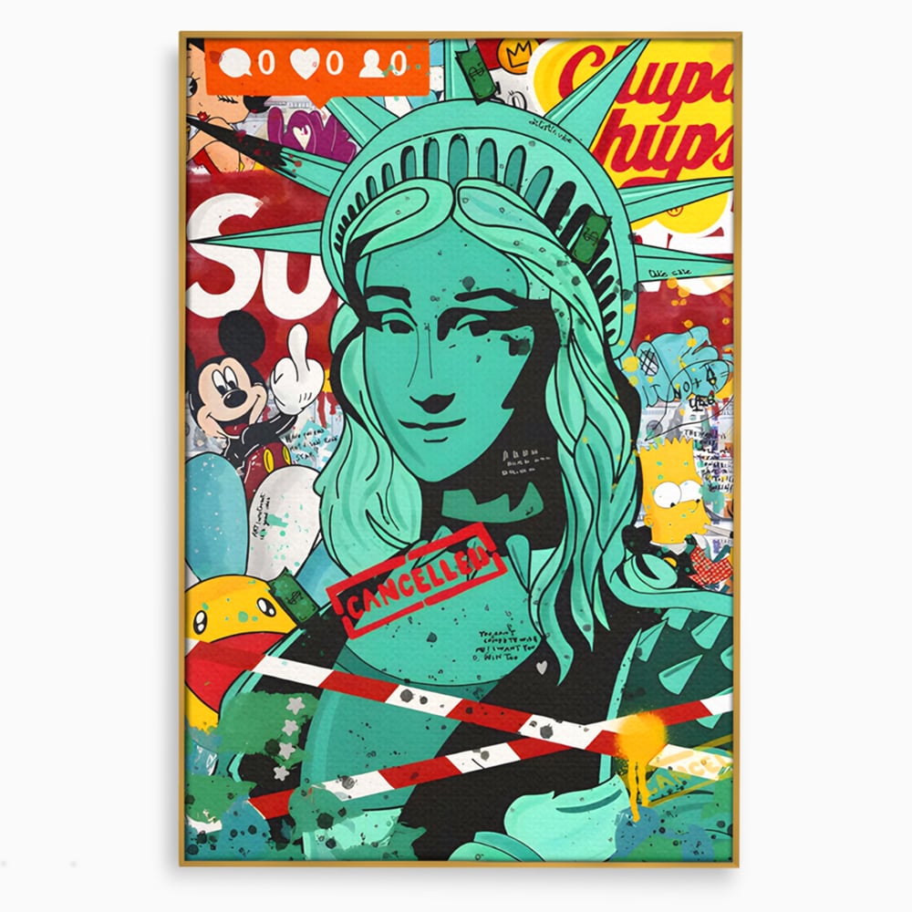 Leinwand Wandkunst Leinwand Premium LuxCanva® C1137, Freiheitsstatue, Farben, Cartoons, Freiheit, Geld, Wohnzimmer, Bar, entspannend, lebendige Farben
