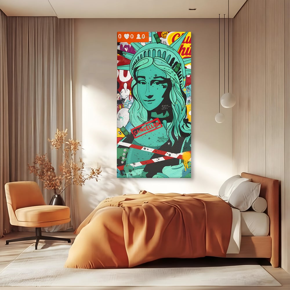 Leinwand Wandkunst Leinwand Premium LuxCanva® C1137, Freiheitsstatue, Farben, Cartoons, Freiheit, Geld, Wohnzimmer, Bar, entspannend, lebendige Farben