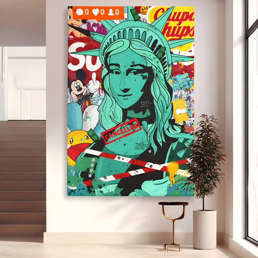 Leinwand Wandkunst Leinwand Premium LuxCanva® C1137, Freiheitsstatue, Farben, Cartoons, Freiheit, Geld, Wohnzimmer, Bar, entspannend, lebendige Farben