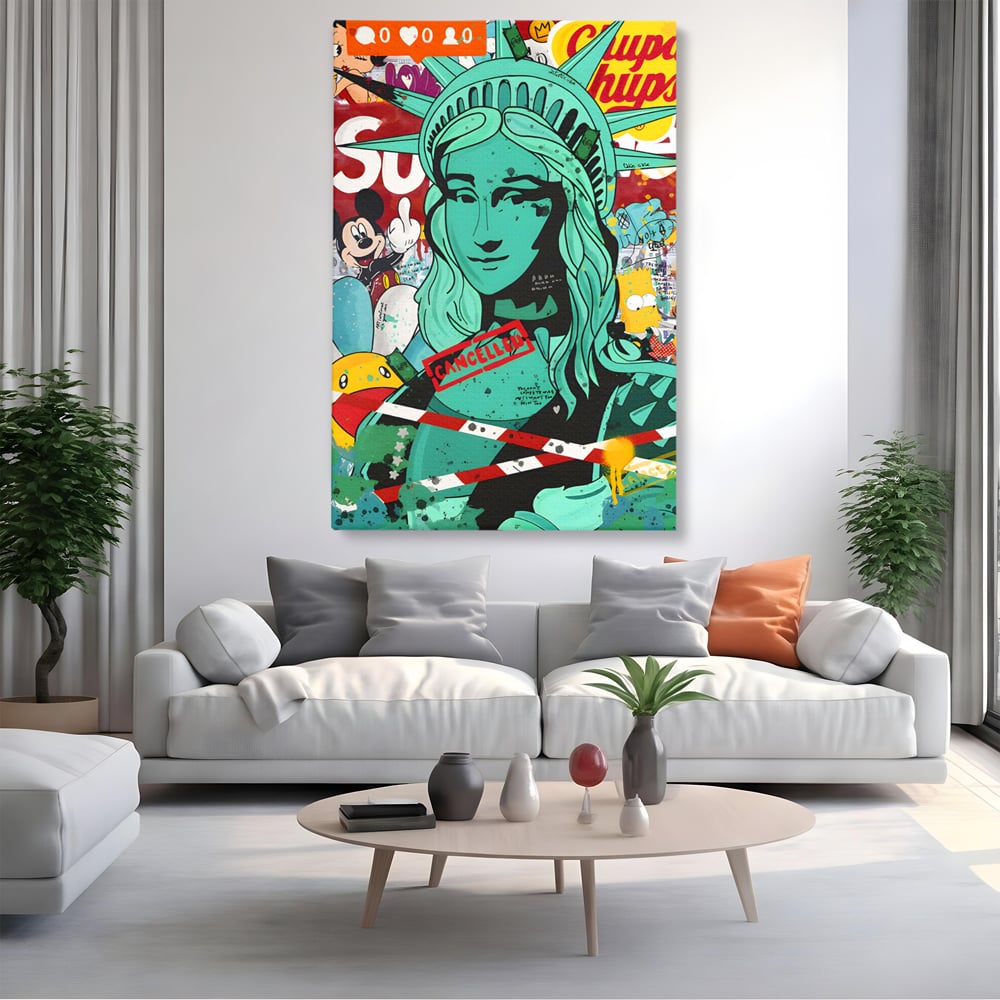 Leinwand Wandkunst Leinwand Premium LuxCanva® C1137, Freiheitsstatue, Farben, Cartoons, Freiheit, Geld, Wohnzimmer, Bar, entspannend, lebendige Farben