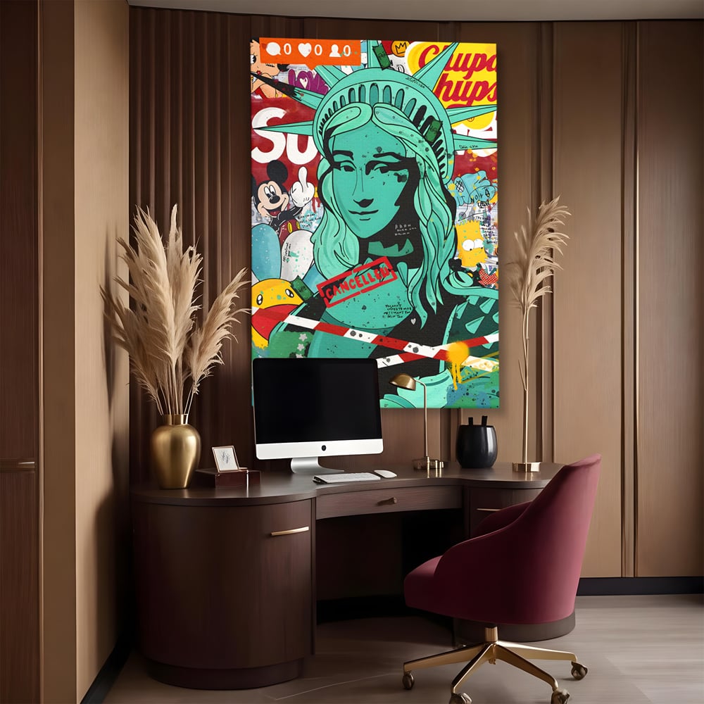 Leinwand Wandkunst Leinwand Premium LuxCanva® C1137, Freiheitsstatue, Farben, Cartoons, Freiheit, Geld, Wohnzimmer, Bar, entspannend, lebendige Farben