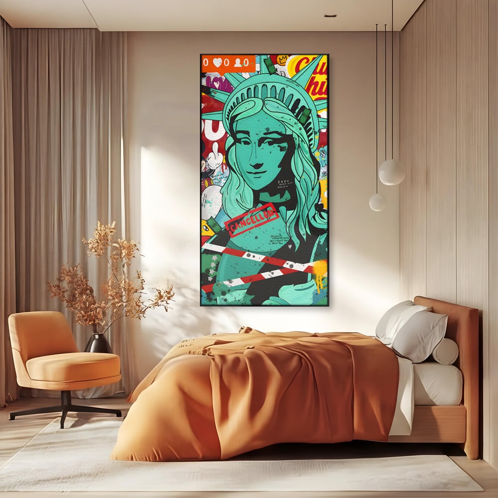 Leinwand Wandkunst Leinwand Premium LuxCanva® C1137, Freiheitsstatue, Farben, Cartoons, Freiheit, Geld, Wohnzimmer, Bar, entspannend, lebendige Farben