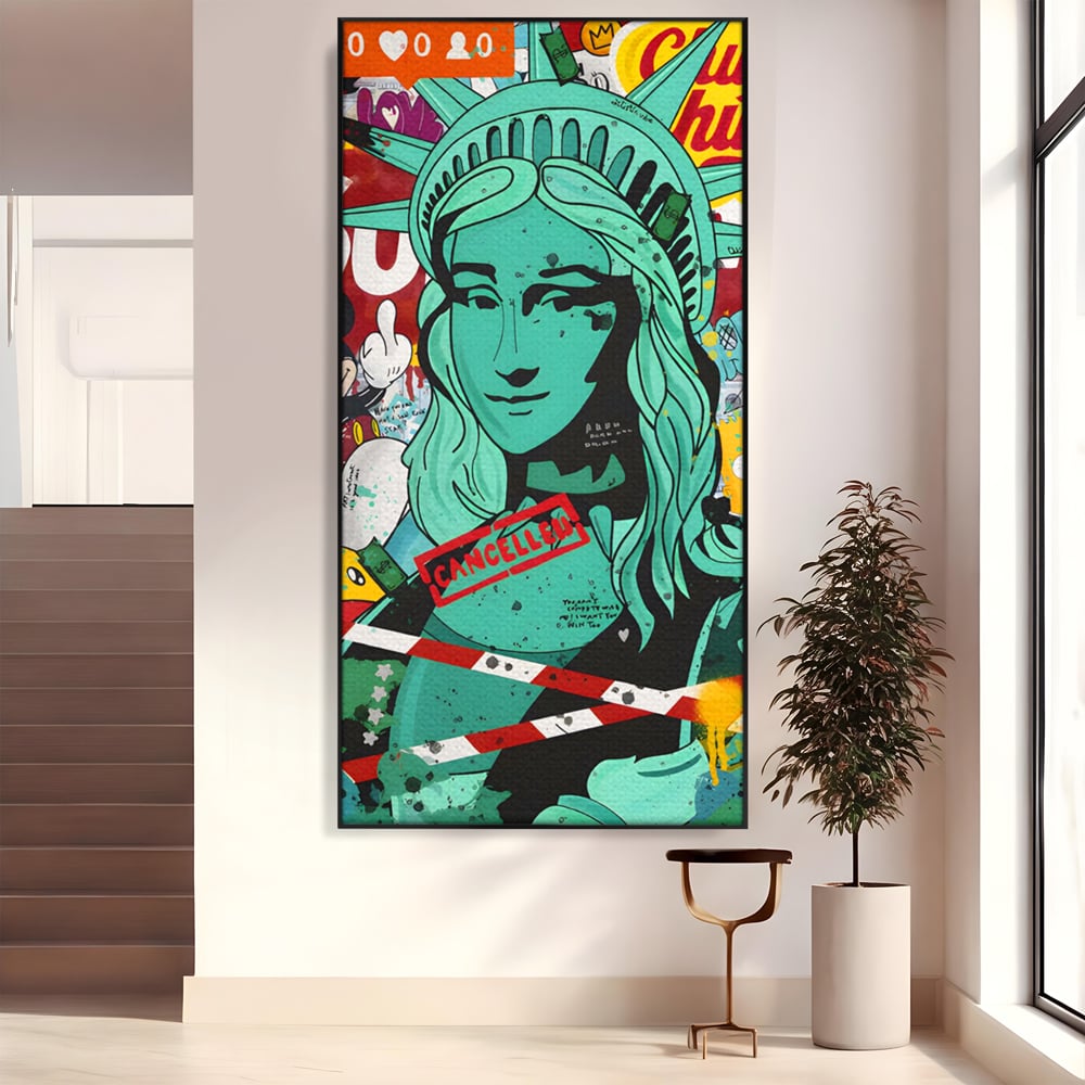 Leinwand Wandkunst Leinwand Premium LuxCanva® C1137, Freiheitsstatue, Farben, Cartoons, Freiheit, Geld, Wohnzimmer, Bar, entspannend, lebendige Farben
