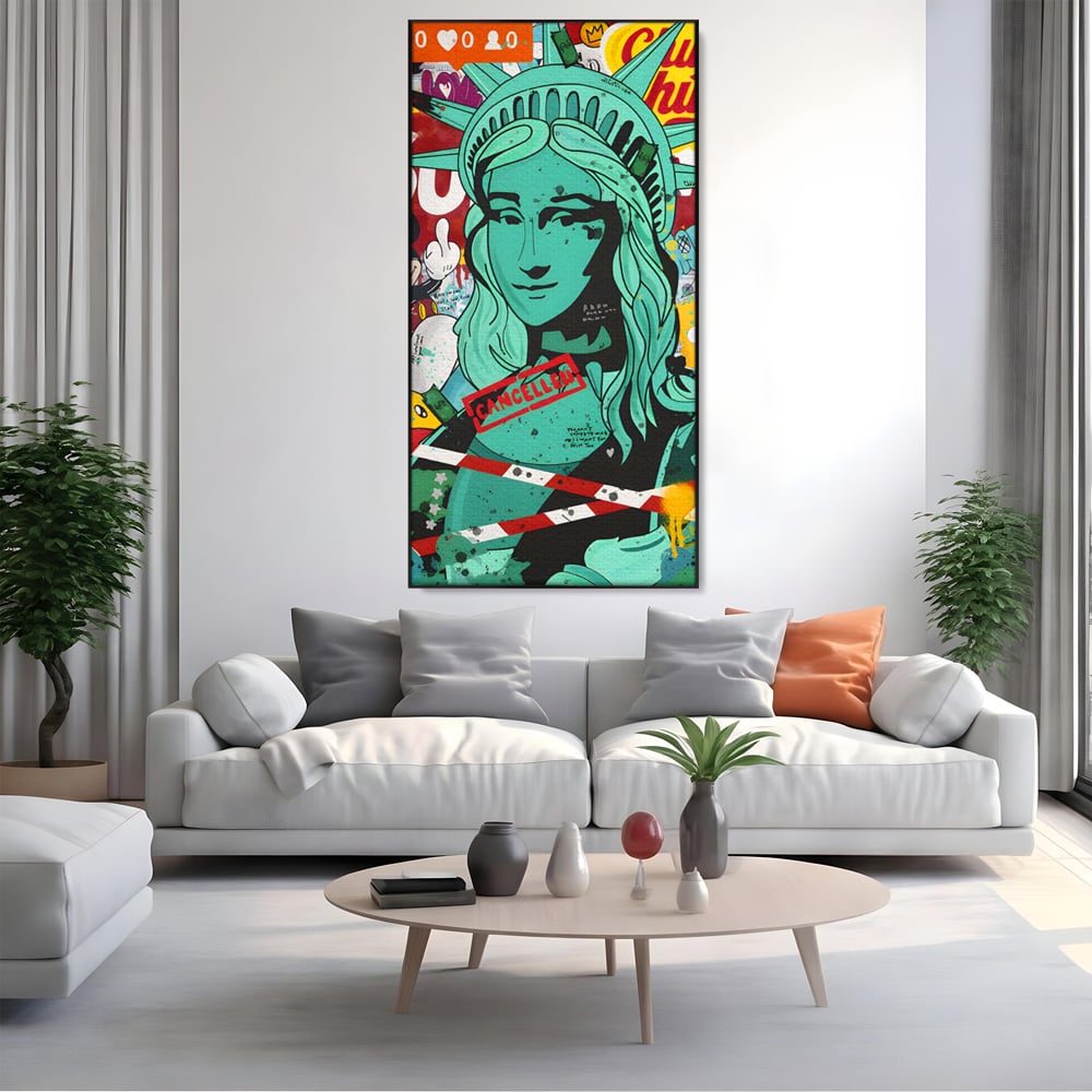 Leinwand Wandkunst Leinwand Premium LuxCanva® C1137, Freiheitsstatue, Farben, Cartoons, Freiheit, Geld, Wohnzimmer, Bar, entspannend, lebendige Farben