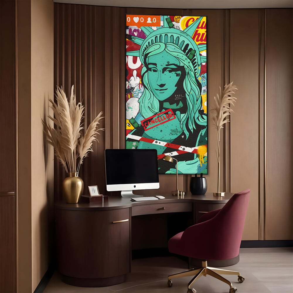 Leinwand Wandkunst Leinwand Premium LuxCanva® C1137, Freiheitsstatue, Farben, Cartoons, Freiheit, Geld, Wohnzimmer, Bar, entspannend, lebendige Farben