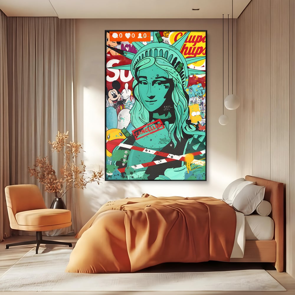 Leinwand Wandkunst Leinwand Premium LuxCanva® C1137, Freiheitsstatue, Farben, Cartoons, Freiheit, Geld, Wohnzimmer, Bar, entspannend, lebendige Farben
