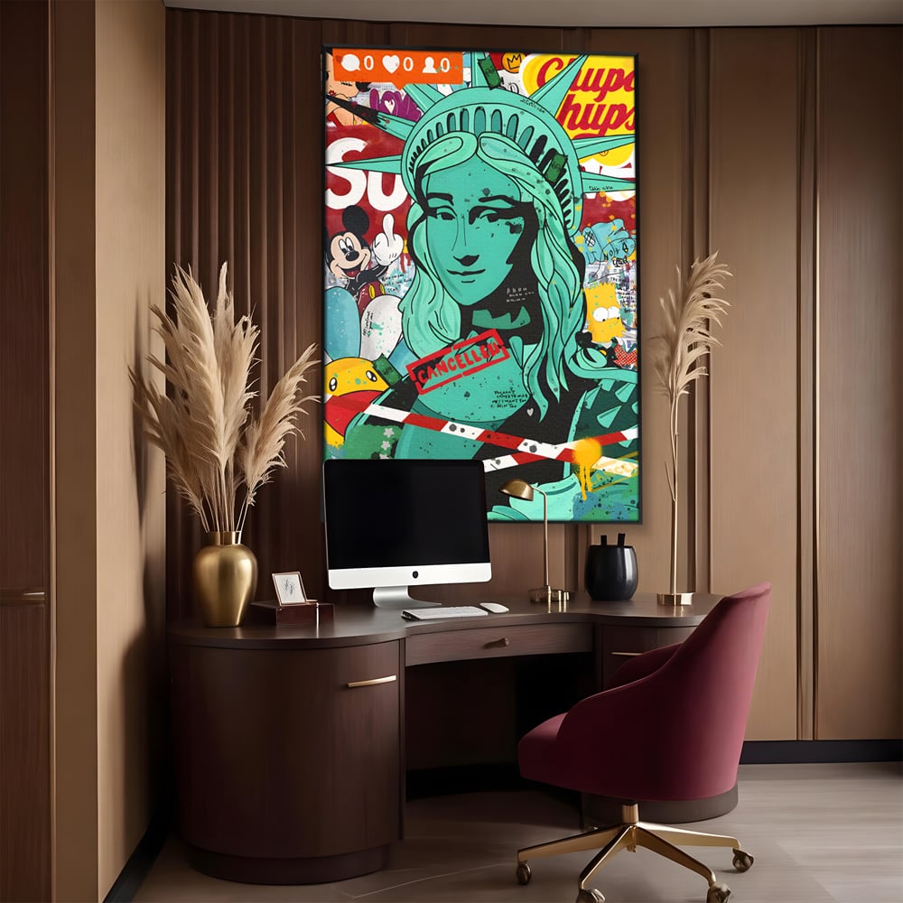 Leinwand Wandkunst Leinwand Premium LuxCanva® C1137, Freiheitsstatue, Farben, Cartoons, Freiheit, Geld, Wohnzimmer, Bar, entspannend, lebendige Farben