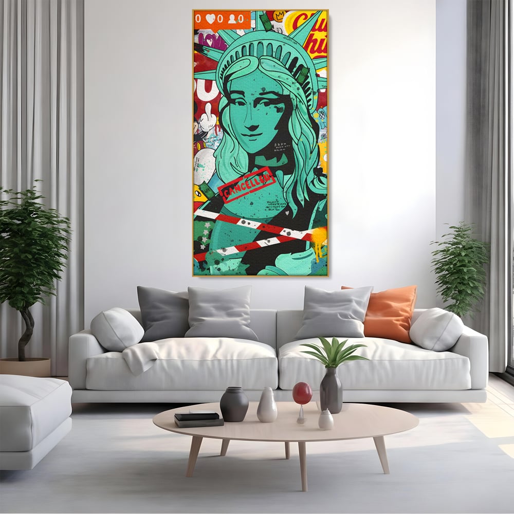 Leinwand Wandkunst Leinwand Premium LuxCanva® C1137, Freiheitsstatue, Farben, Cartoons, Freiheit, Geld, Wohnzimmer, Bar, entspannend, lebendige Farben