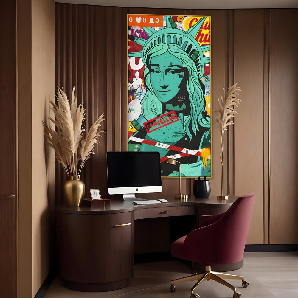Leinwand Wandkunst Leinwand Premium LuxCanva® C1137, Freiheitsstatue, Farben, Cartoons, Freiheit, Geld, Wohnzimmer, Bar, entspannend, lebendige Farben