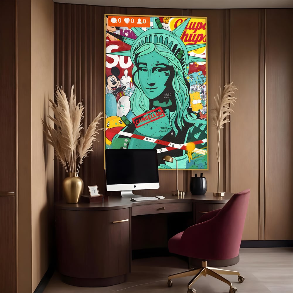 Leinwand Wandkunst Leinwand Premium LuxCanva® C1137, Freiheitsstatue, Farben, Cartoons, Freiheit, Geld, Wohnzimmer, Bar, entspannend, lebendige Farben