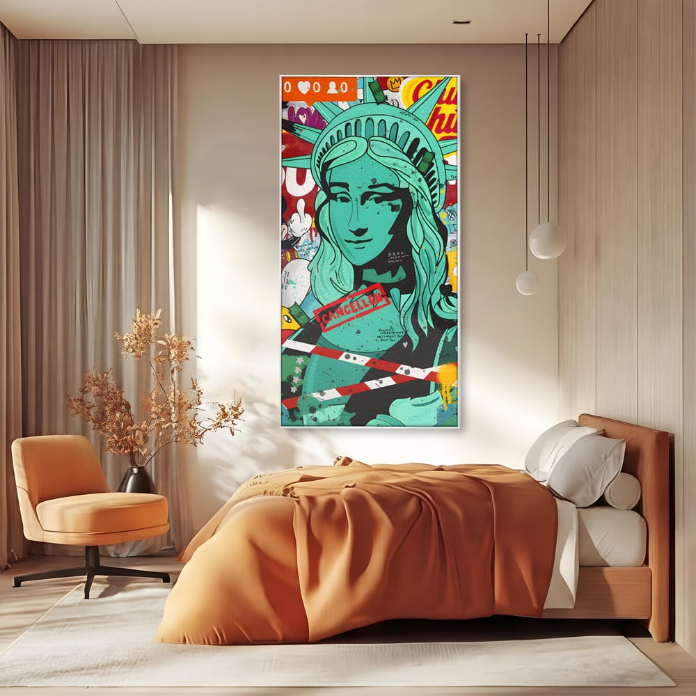 Leinwand Wandkunst Leinwand Premium LuxCanva® C1137, Freiheitsstatue, Farben, Cartoons, Freiheit, Geld, Wohnzimmer, Bar, entspannend, lebendige Farben