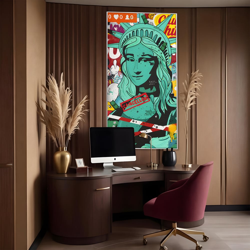 Leinwand Wandkunst Leinwand Premium LuxCanva® C1137, Freiheitsstatue, Farben, Cartoons, Freiheit, Geld, Wohnzimmer, Bar, entspannend, lebendige Farben