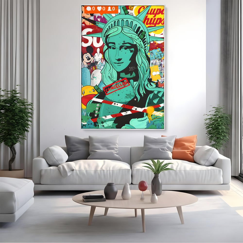 Leinwand Wandkunst Leinwand Premium LuxCanva® C1137, Freiheitsstatue, Farben, Cartoons, Freiheit, Geld, Wohnzimmer, Bar, entspannend, lebendige Farben