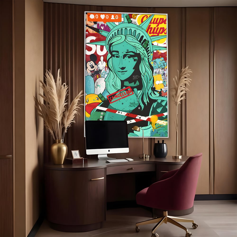Leinwand Wandkunst Leinwand Premium LuxCanva® C1137, Freiheitsstatue, Farben, Cartoons, Freiheit, Geld, Wohnzimmer, Bar, entspannend, lebendige Farben