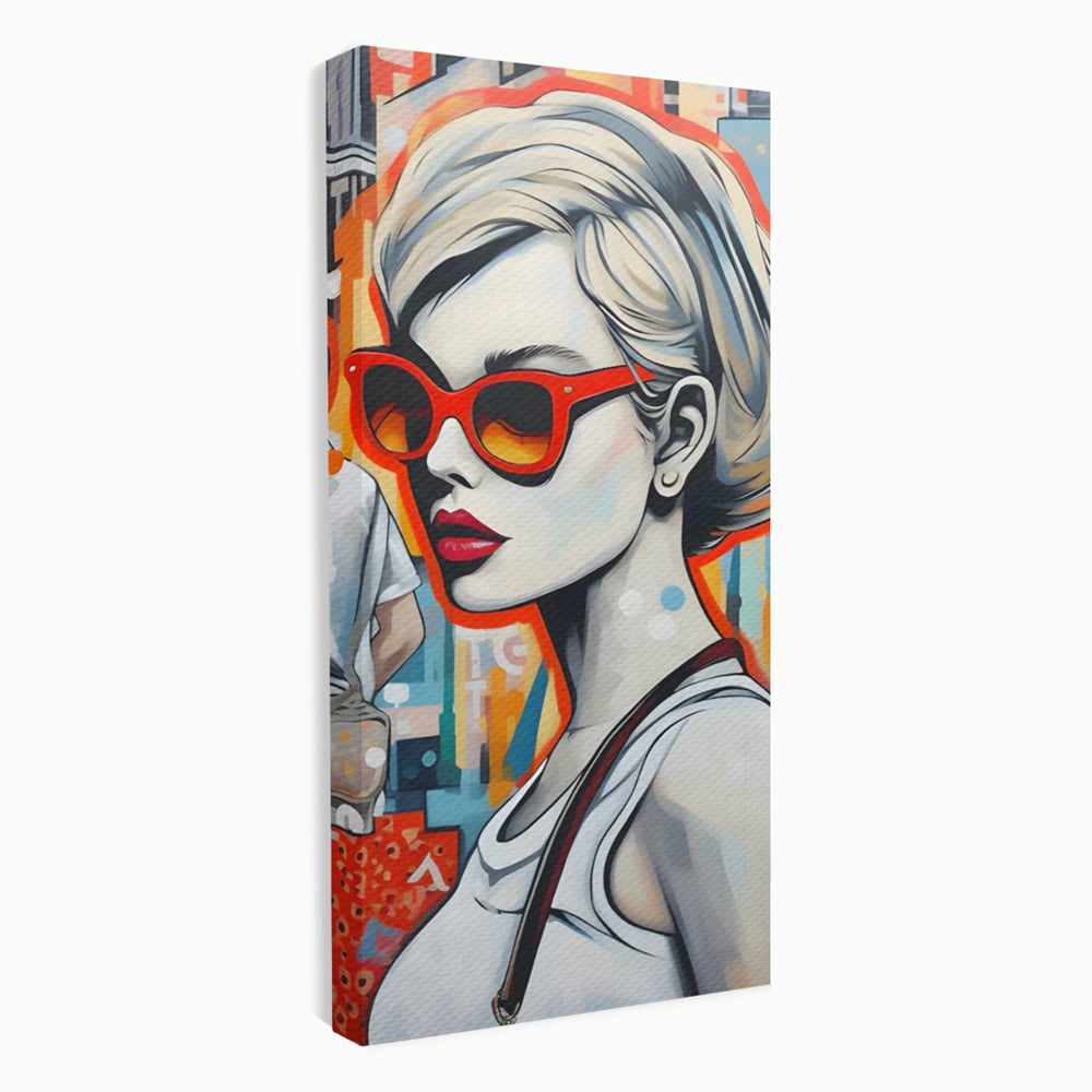 Leinwand Wand Kunst Leinwand Premium LuxCanva® C1139, Bild von schönen Mädchen, Farben, Stadt, Sonnenbrille, Wohnzimmer, Bar, entspannend, lebendige Farben