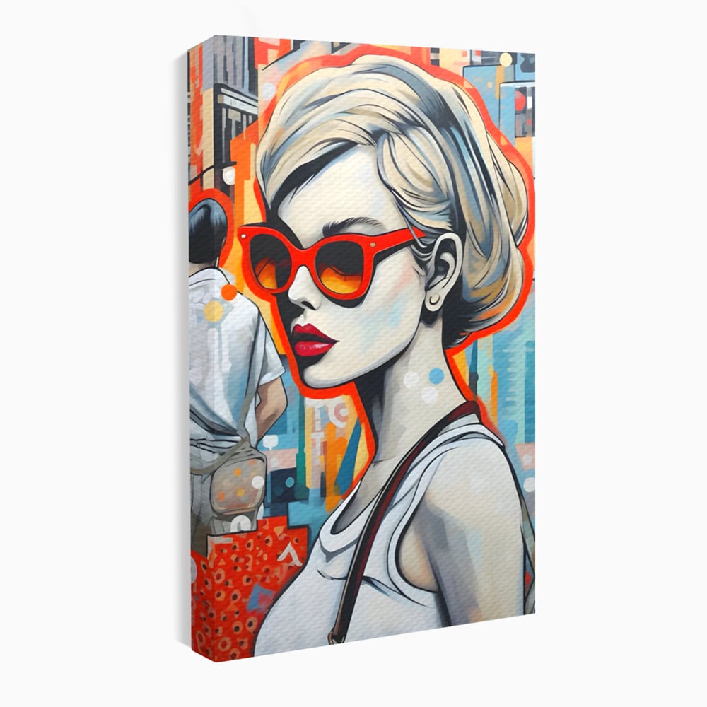 Leinwand Wand Kunst Leinwand Premium LuxCanva® C1139, Bild von schönen Mädchen, Farben, Stadt, Sonnenbrille, Wohnzimmer, Bar, entspannend, lebendige Farben