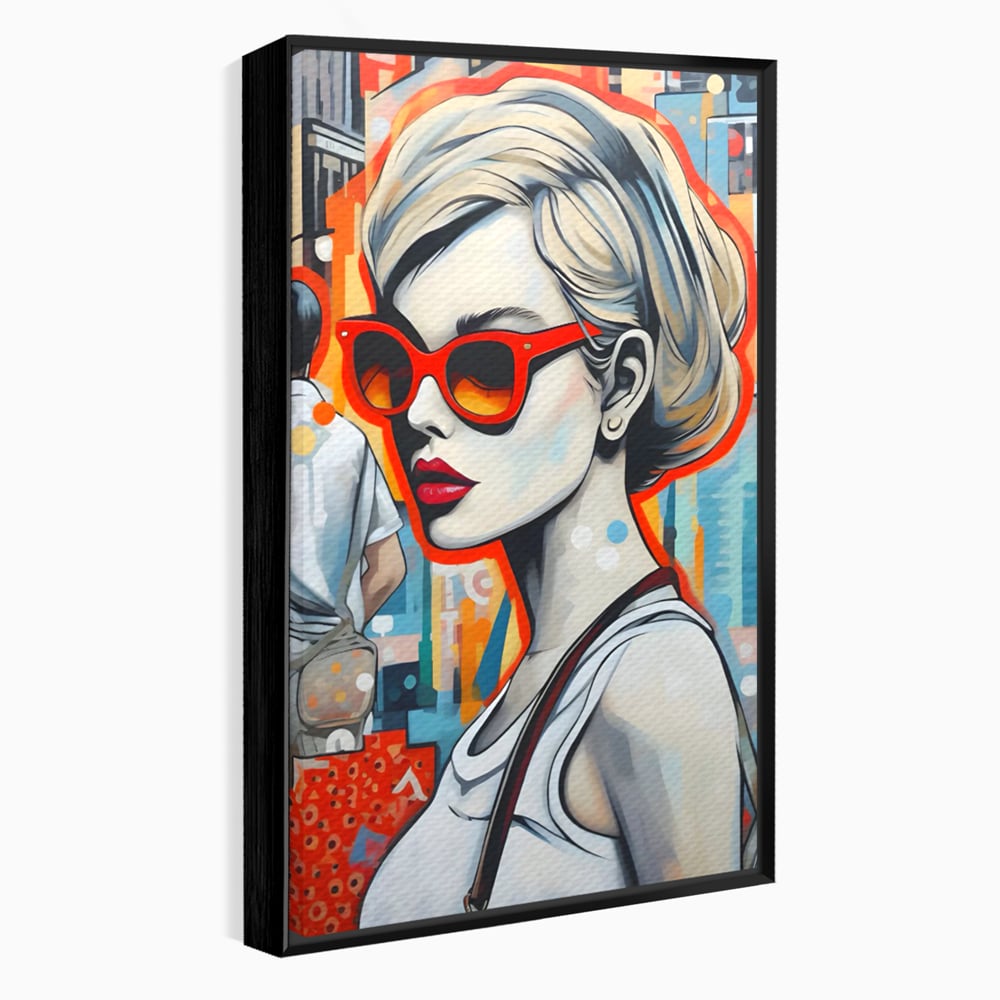 Leinwand Wand Kunst Leinwand Premium LuxCanva® C1139, Bild von schönen Mädchen, Farben, Stadt, Sonnenbrille, Wohnzimmer, Bar, entspannend, lebendige Farben