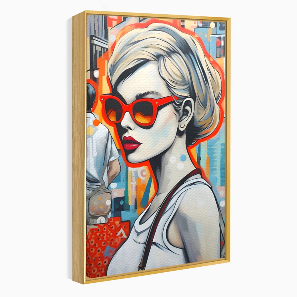 Leinwand Wand Kunst Leinwand Premium LuxCanva® C1139, Bild von schönen Mädchen, Farben, Stadt, Sonnenbrille, Wohnzimmer, Bar, entspannend, lebendige Farben